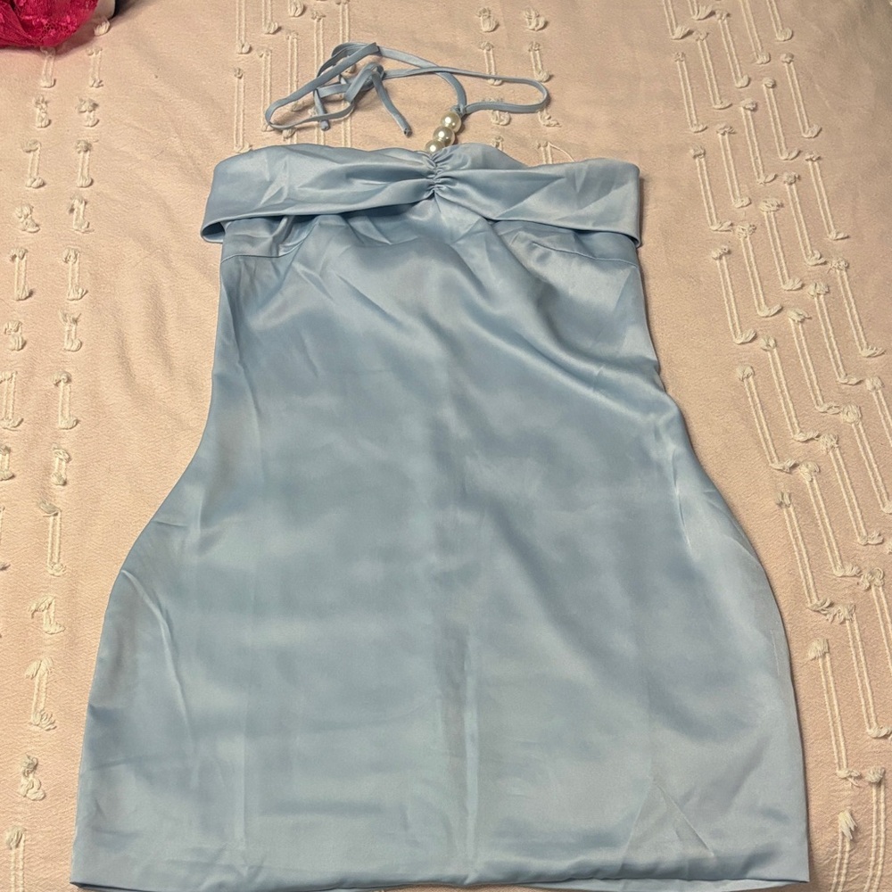 Peppermayo Light Blue Strapless Pearl-Accent Mini Dress